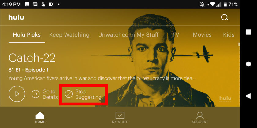 Android Hulu dừng đề xuất "width =" 840 "height =" 420