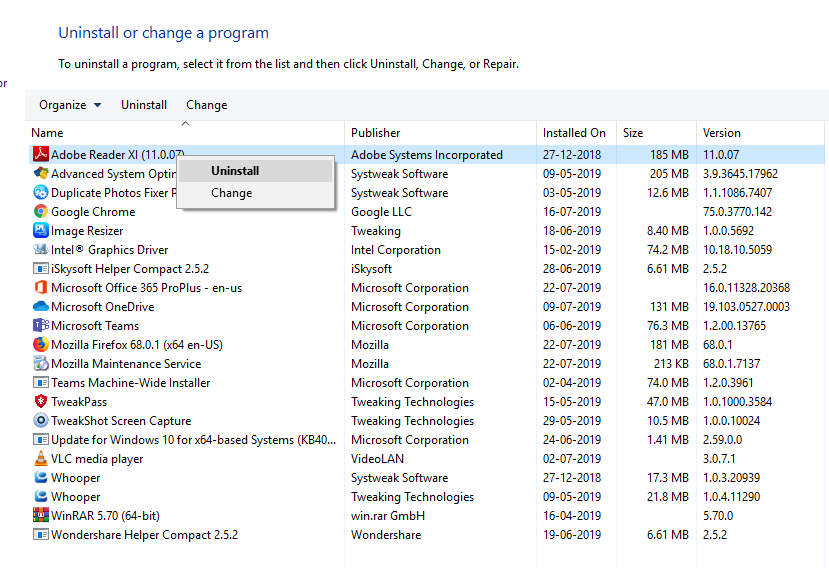 Hapus instalan program Windows