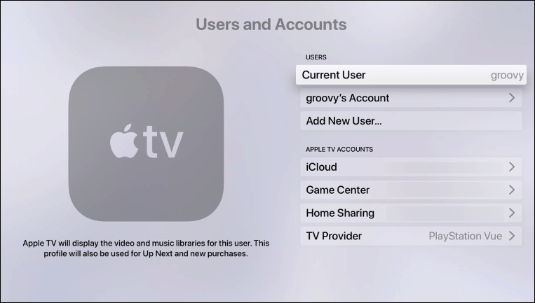 Cara Menambahkan Pengguna dan Switch Akun aktif Apple TV Running tvOS 13 4