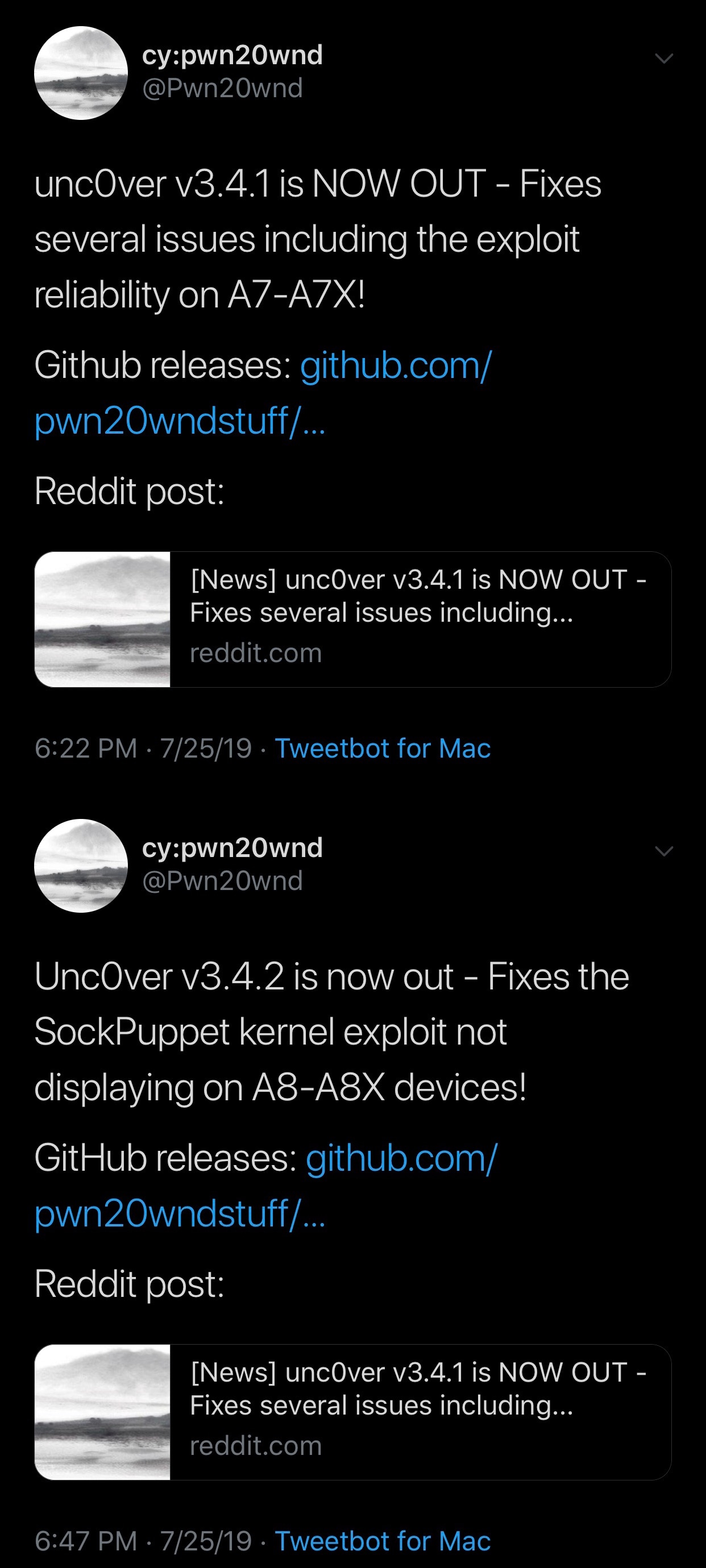 Versi Unc0ver 3.4.1 dan 3.4.2 dirilis untuk menambahkan dukungan iOS 12.3 beta 1 dan meningkatkan keandalan 3