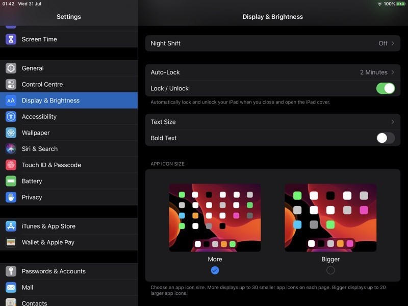 Configurações de layout da tela do iPad