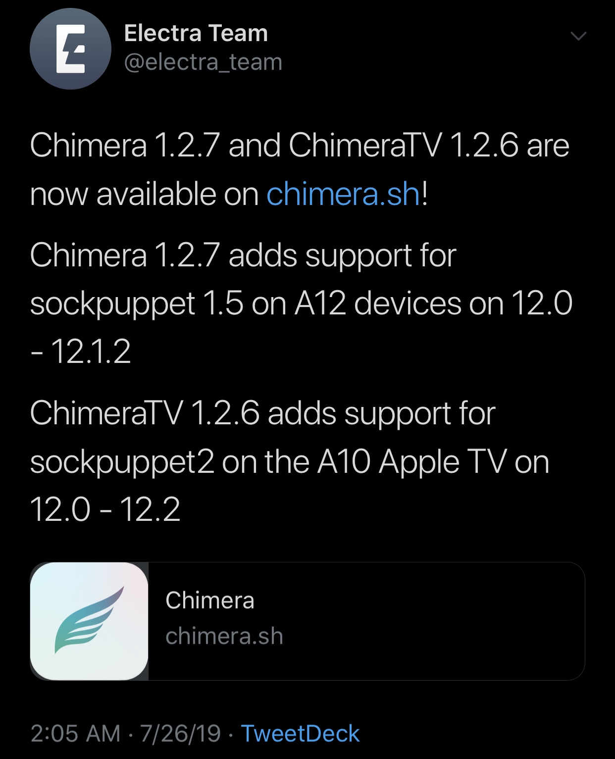 Chimera v1.2.7 dan ChimeraTV v1.2.6 dirilis dengan dukungan exploit 3 yang ditingkatkan