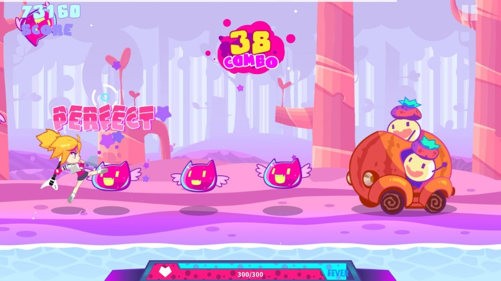 Muse Dash Switch Screenshot Bassist Kicking A Pink Kitty yang Mengambang Di Wajah