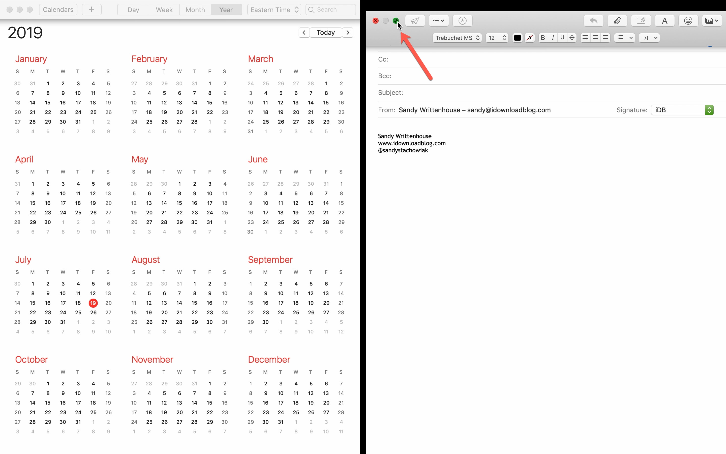 Keluar dari layar terbagi dari kalender email Mac