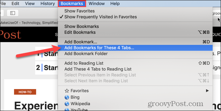 Pilih Tambahkan Bookmark untuk X Tab Ini di Safari