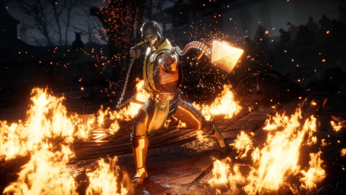 Scorpion melempar tombaknya di screenshot dari Mortal Kombat 11.