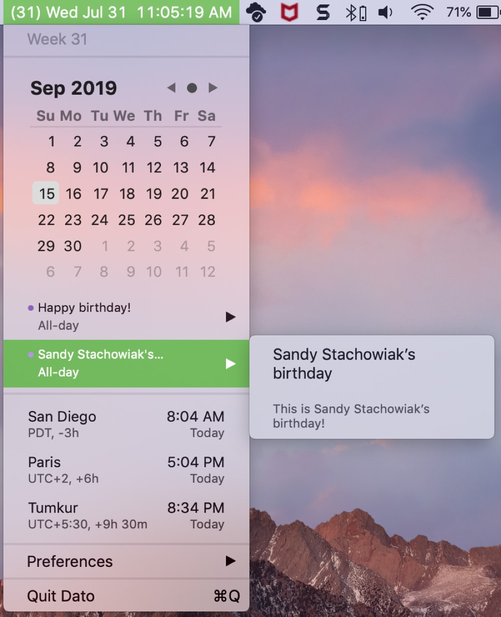 Календарь приложений данных с событиями Mac