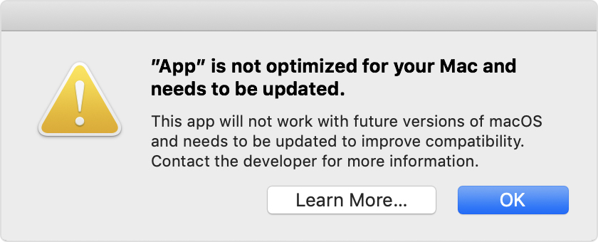 Pesan kesalahan: "App" tidak dioptimalkan untuk Mac Anda dan perlu diperbarui