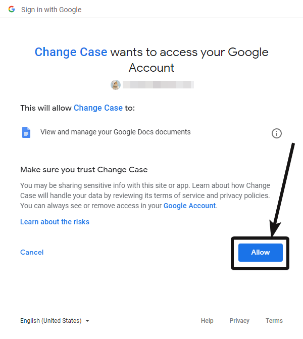 izinkan Change case untuk mengakses akun Google