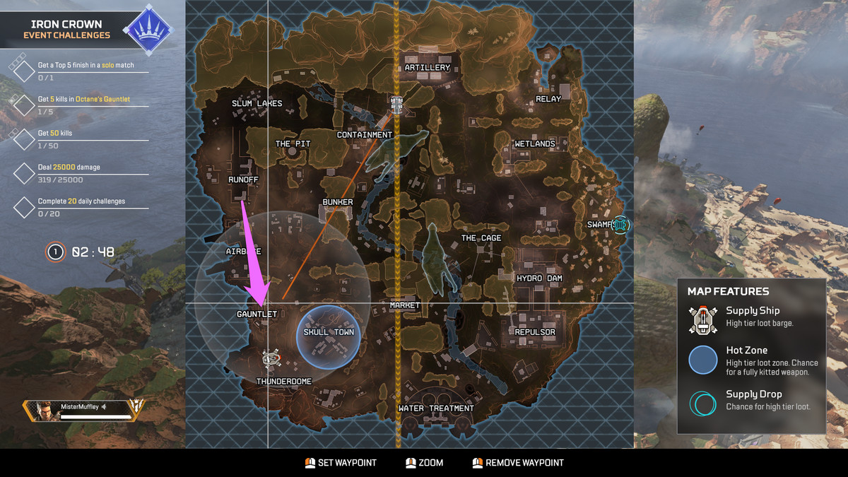 Peta Apex Legends diperbarui untuk acara Iron Crown dengan panah yang menunjuk ke area Gauntlet di sisi barat daya peta.