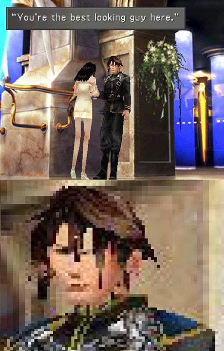 Dua gambar dari Final Fantasy 8 dijahit bersama, menampilkan Rinoa memberi tahu Squall, "Anda adalah pria paling tampan di sini." Dan close-up kepala Squall yang sangat pixel.
