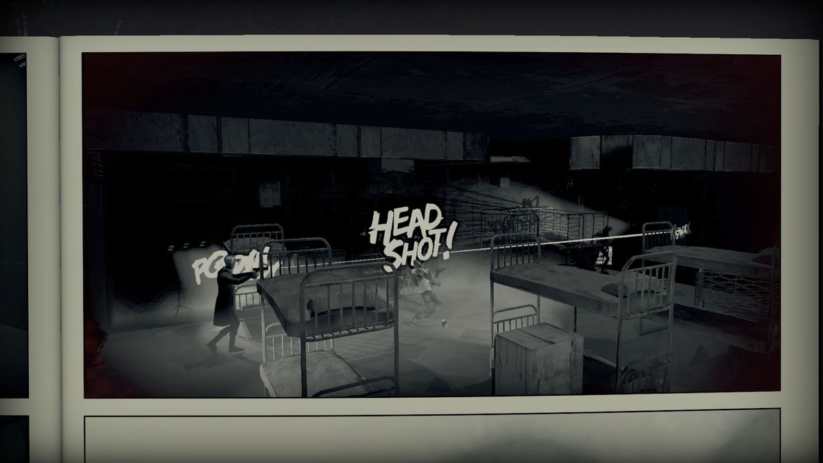 Adegan yang dapat dimainkan di Liberated dengan karakter yang mencetak angka kill di area asrama yang remang-remang.