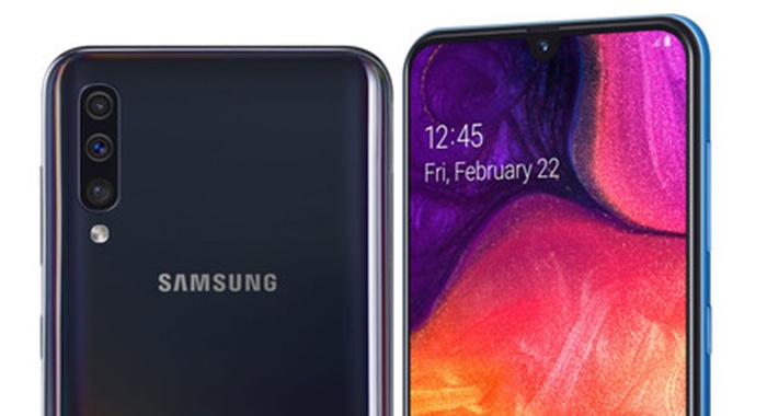 Mặt trước và mặt sau của Samsung màu đen Galaxy A50