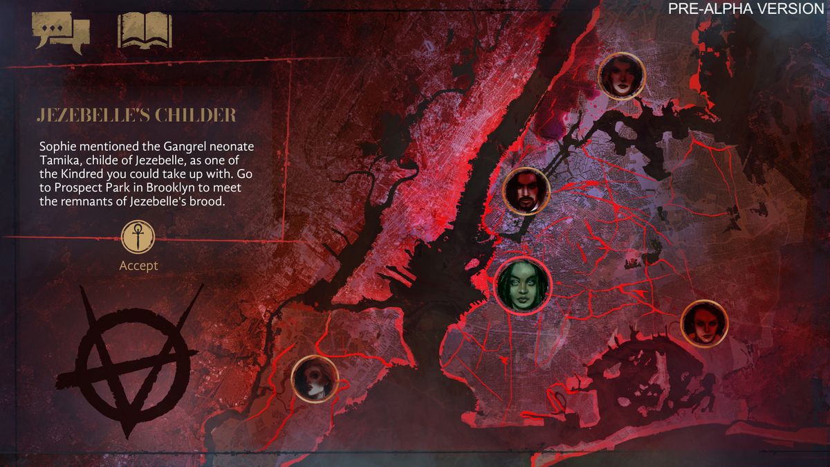 Sebuah peta yang lebih besar yang menunjukkan teks dari titik keputusan narasi Jezebelle, di-overlay di atas peta New York yang lebih besar. jalanan berwarna merah darah dan airnya hitam.