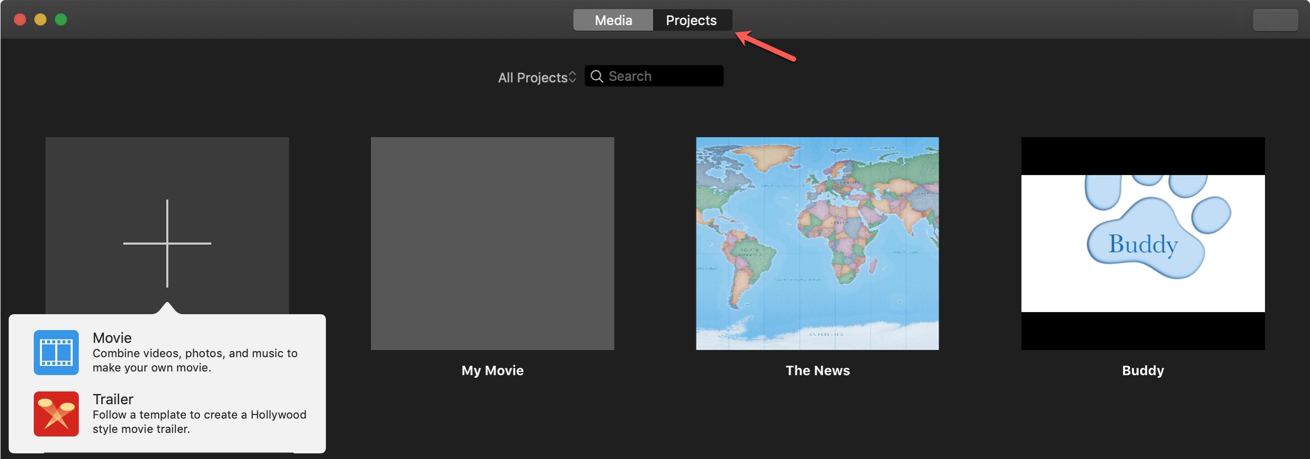 Новый проект iMovie на Mac