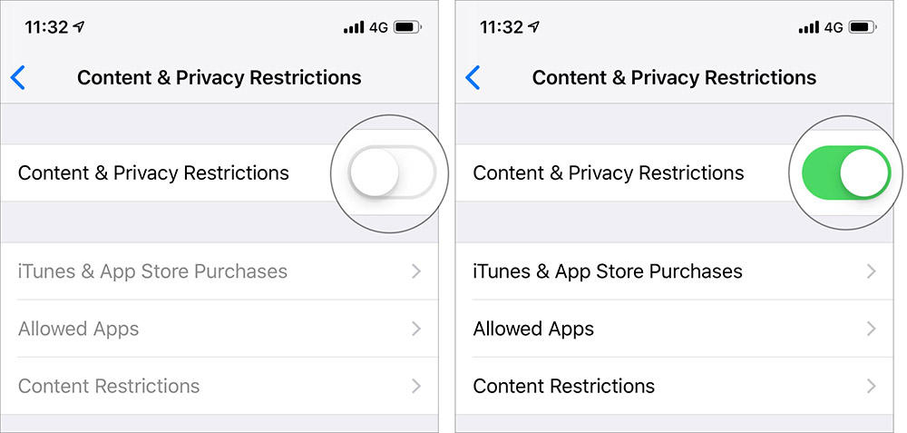 Nyalakan Switch di sebelah Konten & Batasan Privasi di iOS 12 Screen Time