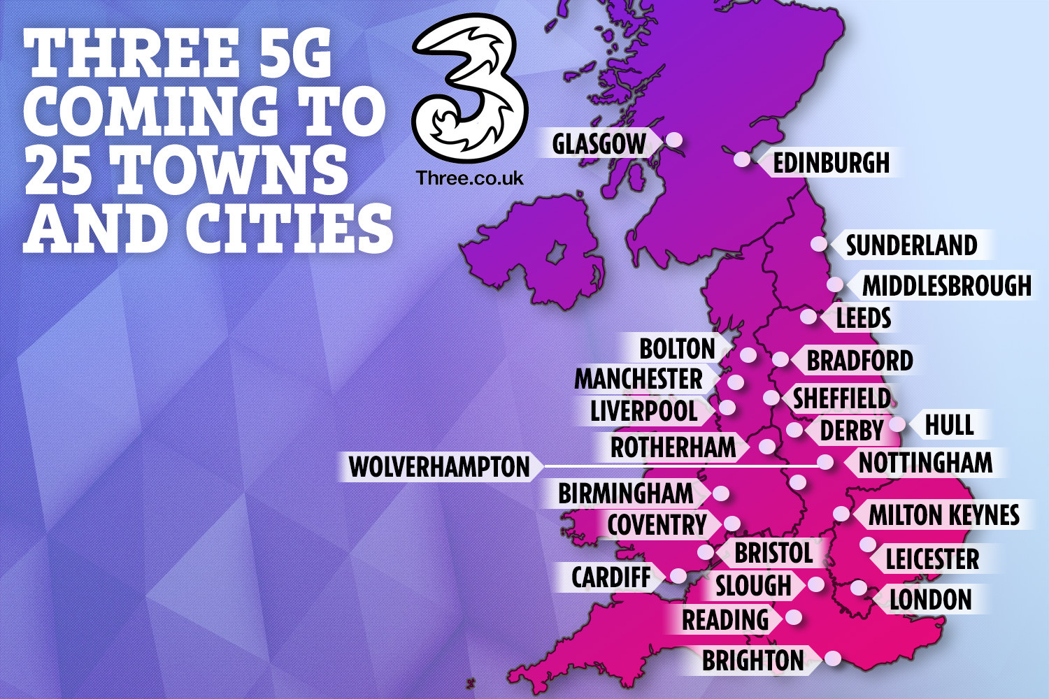         До 25 городов Великобритании получат доступ к сети 5G Three к концу 2019 года.