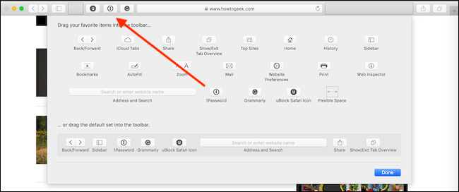 Pindahkan tombol dari panel penyesuaian ke toolbar Safari