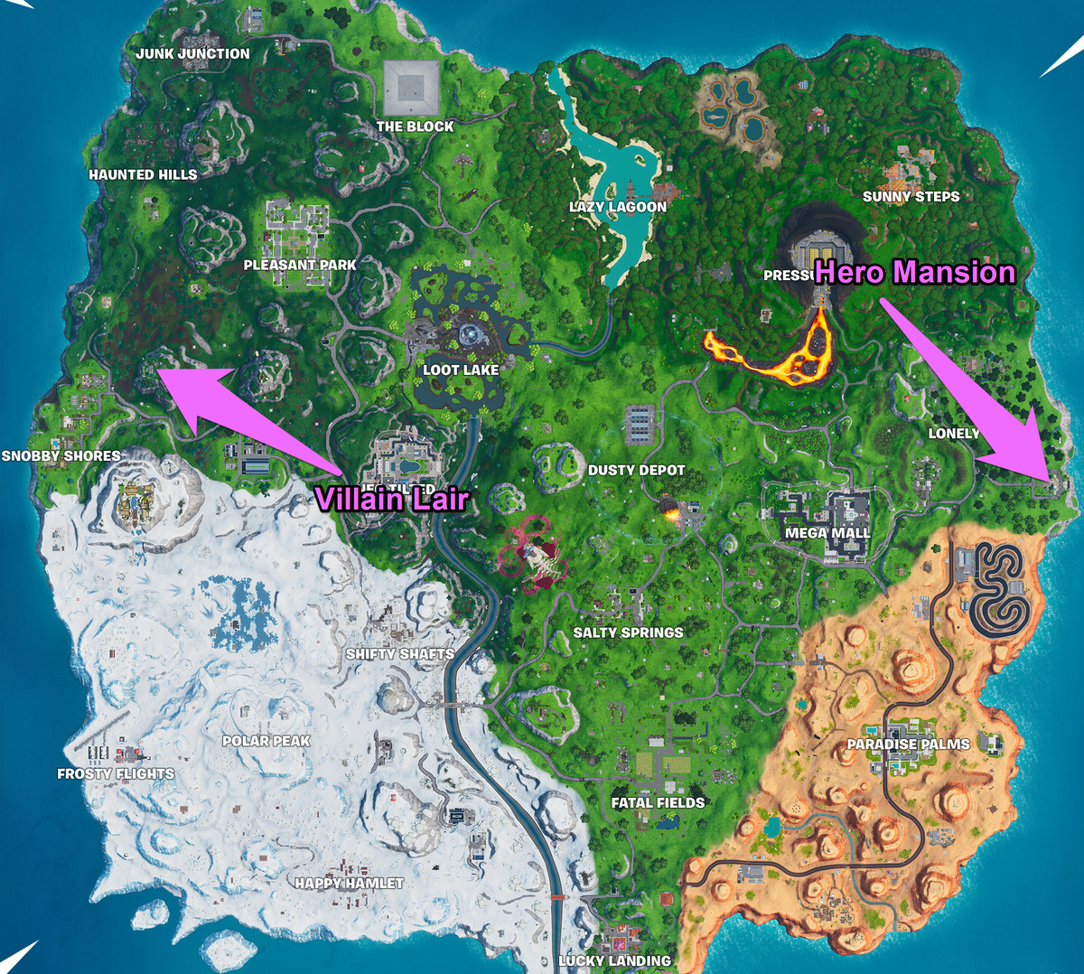 SEBUAH Fortnite peta dengan lokasi Hero Mansion dan Villain Lair ditandai
