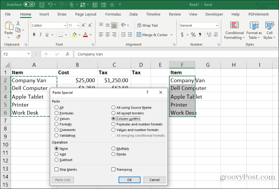 vložte šírku stĺpca do Excelu