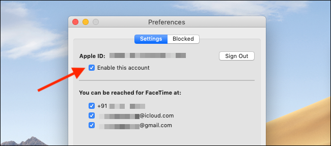 Hapus centang tombol Aktifkan Akun Ini di Preferensi FaceTime untuk menonaktifkan FaceTime di Mac
