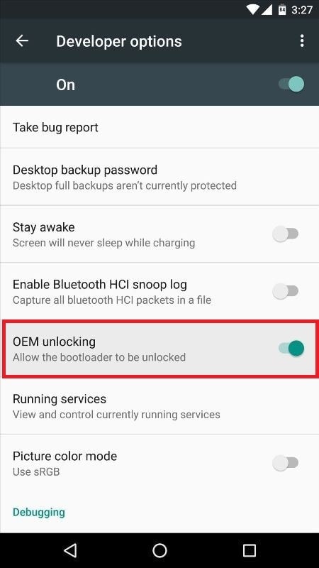 Aktifkan opsi pengembang, mode debugging USB, dan pemberdayaan OEM pada perangkat Android 6