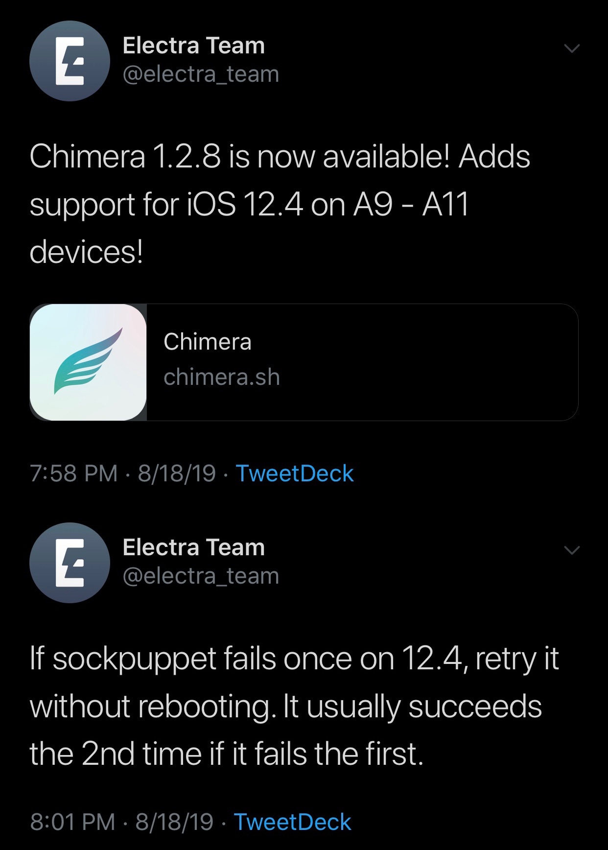 Chiméra útek z väzenia bola aktualizovaná na v1.2,8 s podporou zariadení A9-A11 s iOS 12.4 3