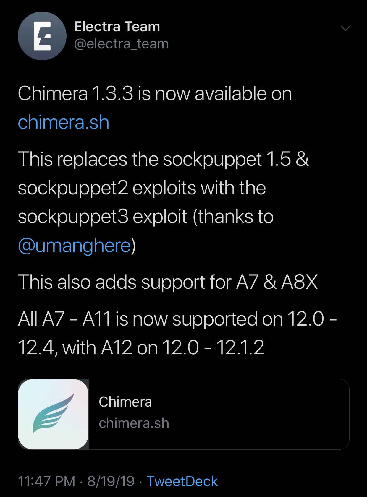 Chimera v1.3.3 dirilis dengan dukungan untuk perangkat A7-A8 (X) yang menjalankan iOS 12.4 3