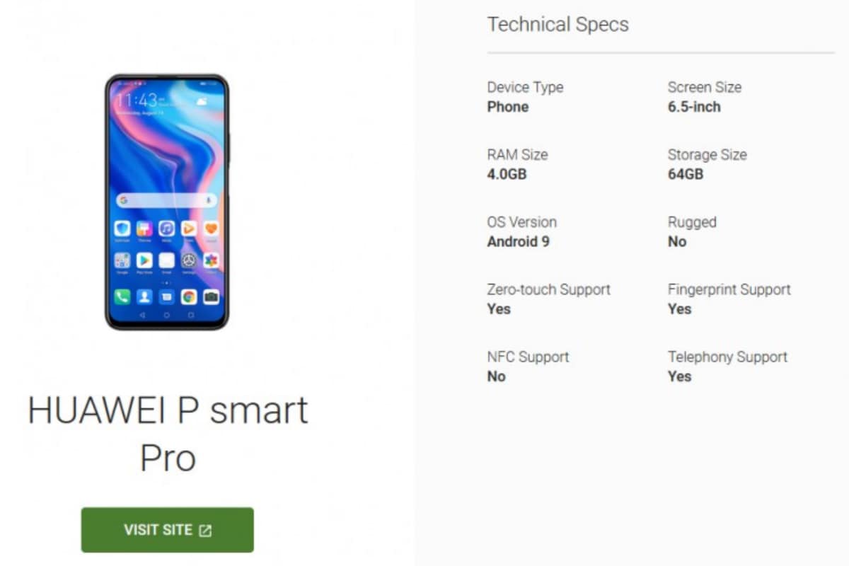 Huawei P Smart Pro Surfaces on Android Enterprise Directory, Key Specifications Revealed