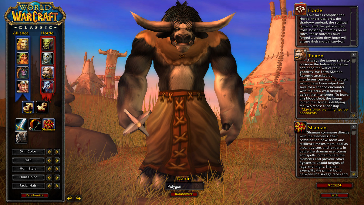 Gambar layar pembuatan karakter World of Warcraft Classic