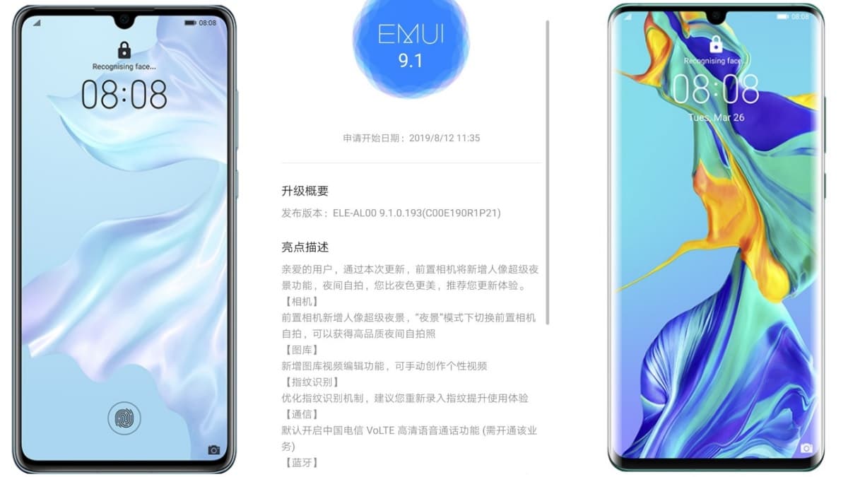 Huawei P30, P30 Pro EMUI 9.1.0.193 Update Adds Super Night Mode Support for Front Camera, More: Report