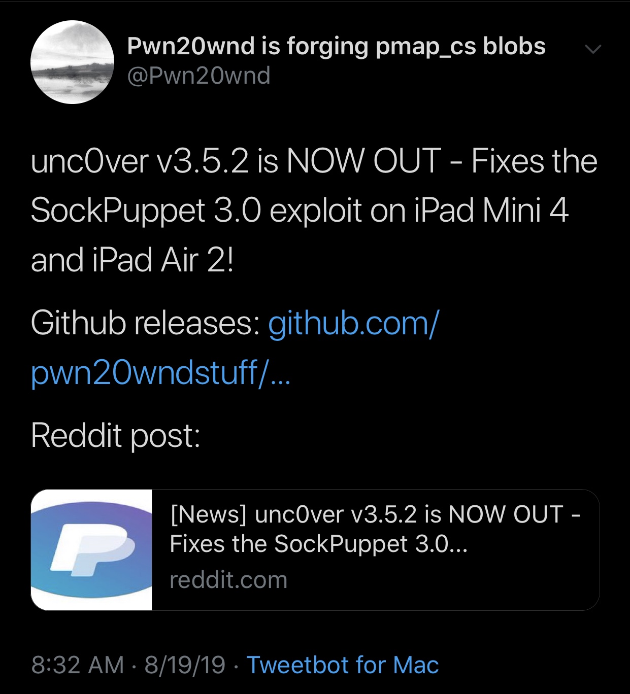 Pwn20wnd menjatuhkan unc0ver v3.5.2 untuk memperbaiki eksploitasi Sock Puppet pada iPad tertentu 3