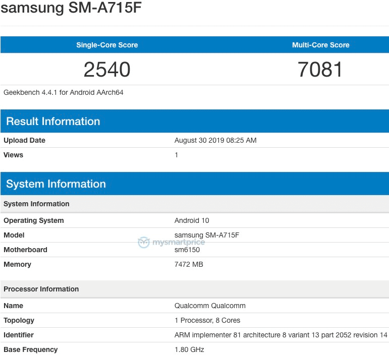 Samsung Galaxy A71 появляется в Geekbench с 8 ГБ оперативной памяти, Android 10 1