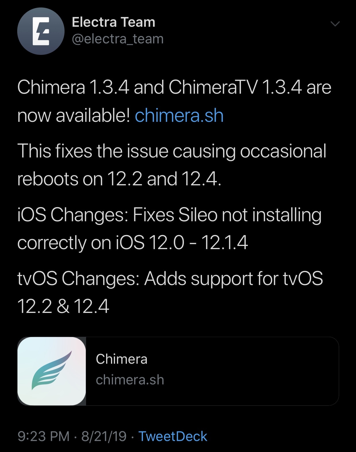 Tim Electra merilis Chimera v1.3.4 w / perbaikan bug, ChimeraTV 1.3.4 w / tvOS 12.2 & amp; 12.4 dukungan 3
