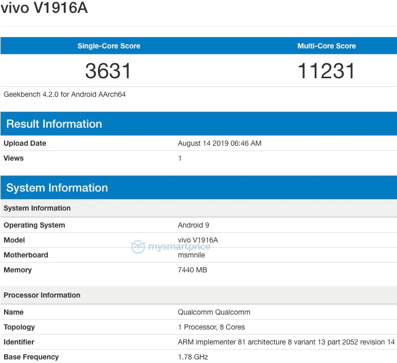Vivo V1916A dengan Snapdragon 855, 8GB RAM Terlihat di Geekbench 1