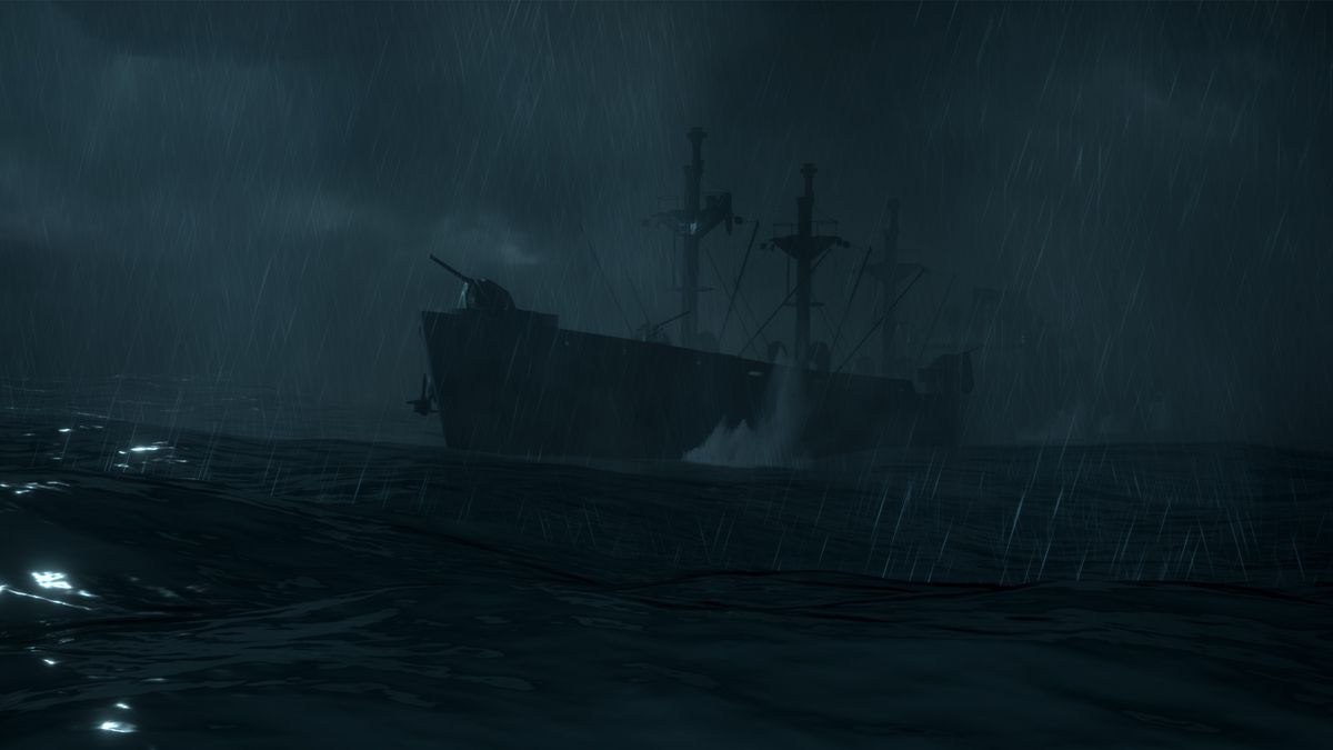 sebuah kapal gelap mengapung di tengah air badai di malam hari