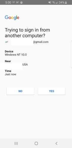 Notificación de teléfono con clave de seguridad de Android