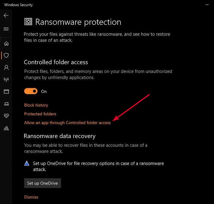 Aktifkan Perlindungan Ransomware Windows Akses Folder yang Dikontrol Pembela memungkinkan Aplikasi Melalui
