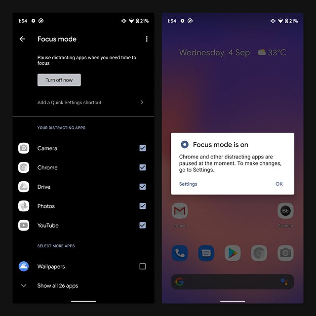 Android 10 mode fokus diaktifkan