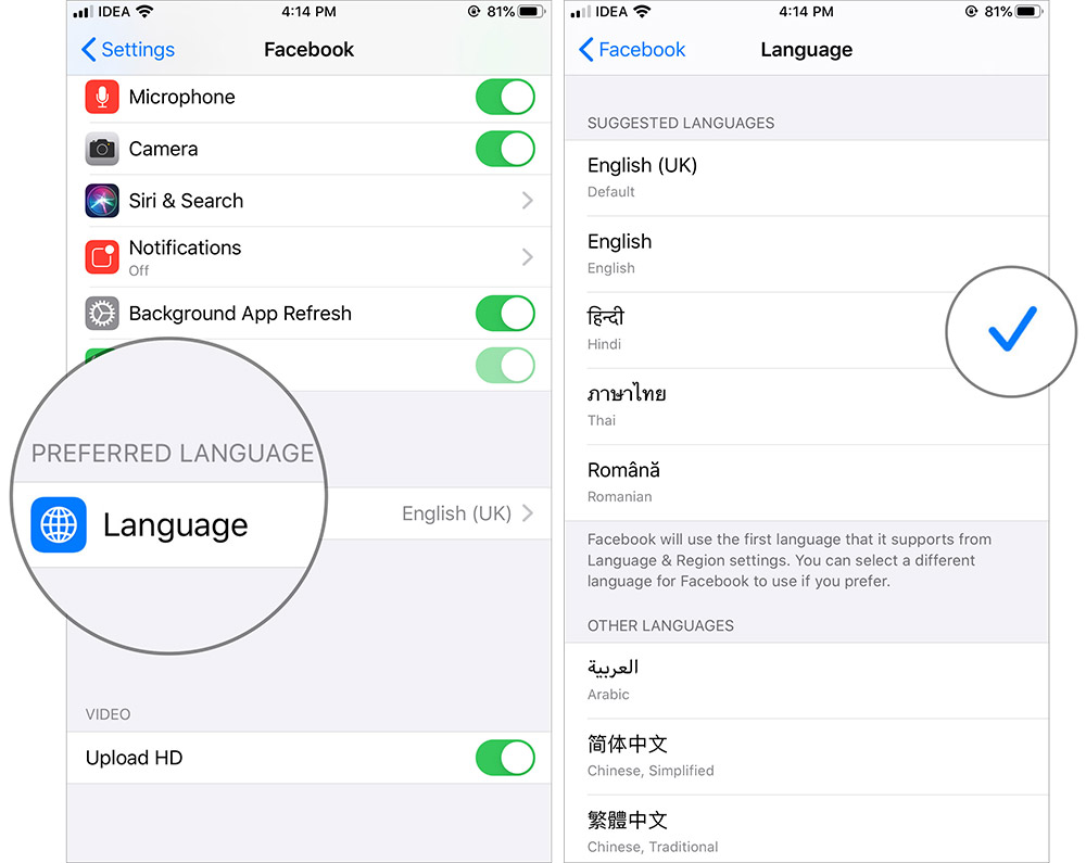 Ketuk Bahasa yang Dipilih untuk Mengubah Bahasa Aplikasi di iPhone