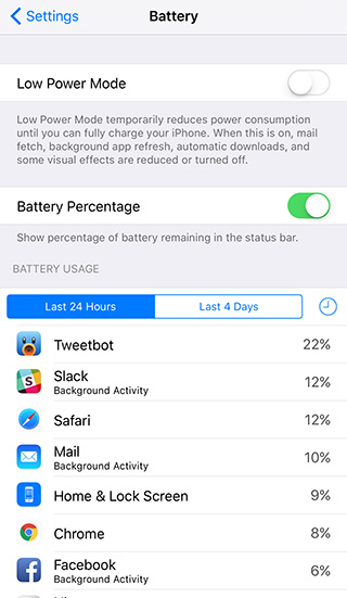 Penggunaan baterai di iOS 9