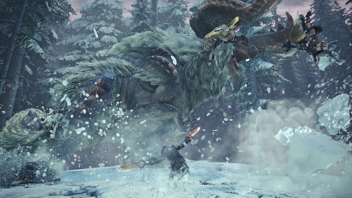 Banbaro menyemprot salju ke seluruh pemburu yang menyerang, menurunkan mobilitas mereka, di Monster Hunter World: Iceborne.