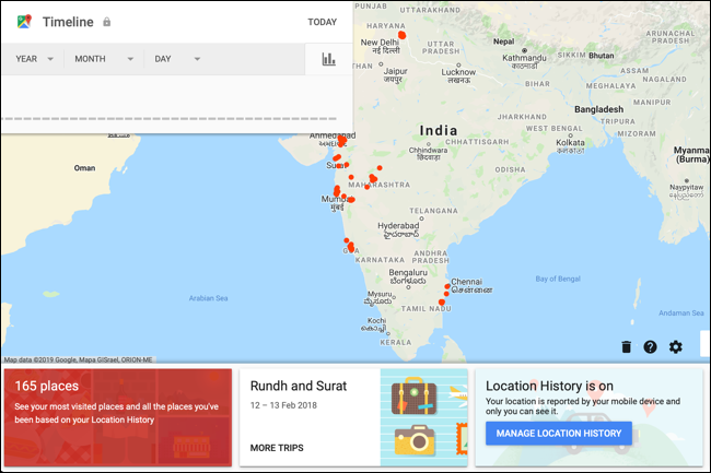 Tampilan Google Maps Timeline untuk akun Anda yang menunjukkan peta negara Anda