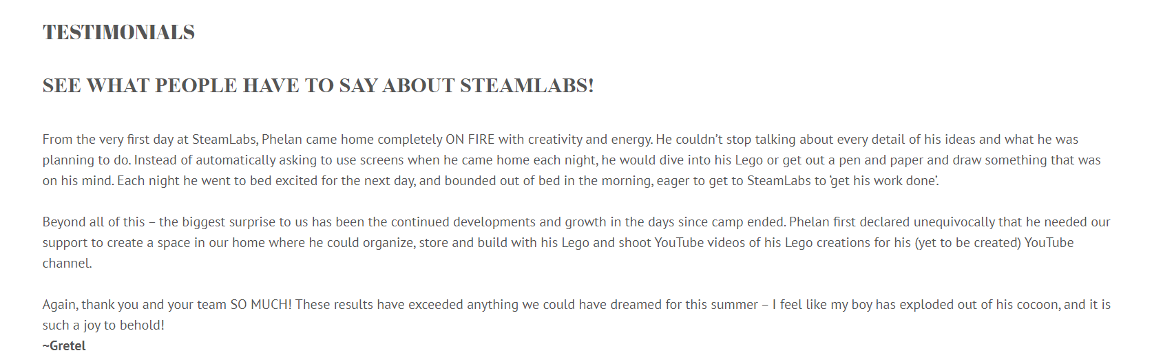 Testimonial di situs web Steamlabs
