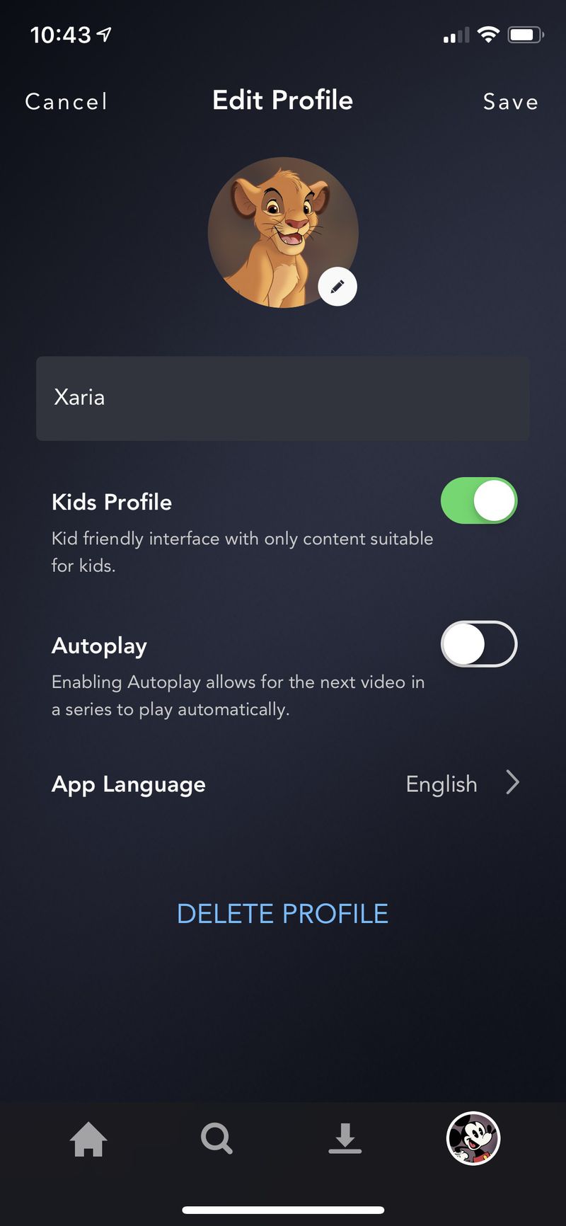 Profil anak-anak yang mengkonfigurasi aplikasi Android Disney Plus