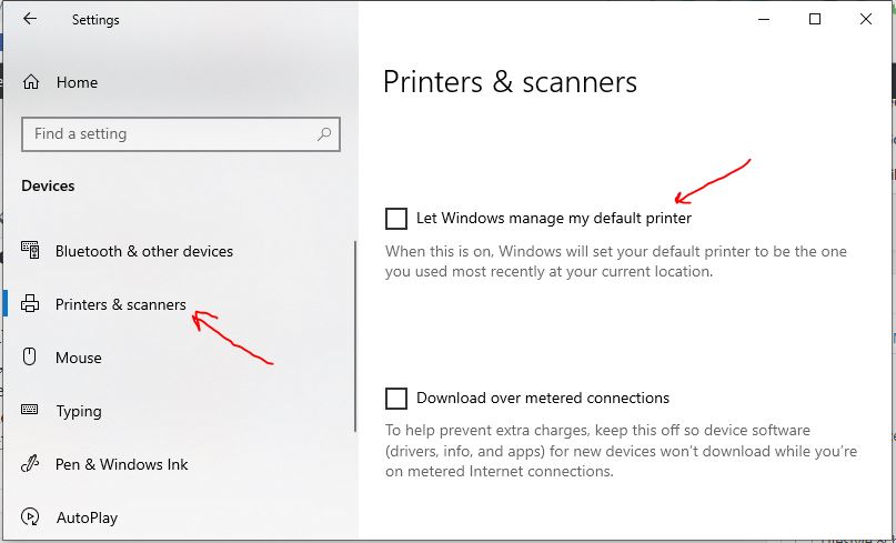 Biarkan Printer dan pemindai default windows 10 mengelola printer saya