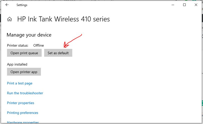 Выберите кнопку «Установить как глухую», чтобы Windows 10 принтеров