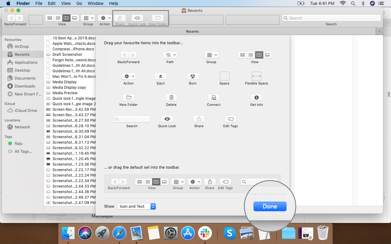 Klik Selesai untuk Menyimpan Opsi di Bilah Alat Finder di Mac