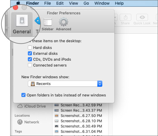Pilih Tab Umum di Preferensi Pencari pada Mac