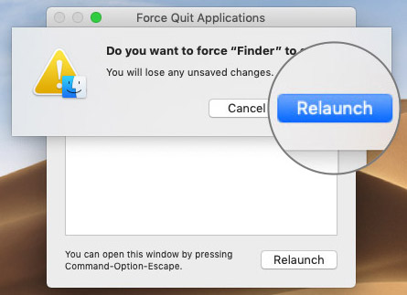 Klik untuk Mengonfirmasi Peluncuran Ulang Finder di macOS